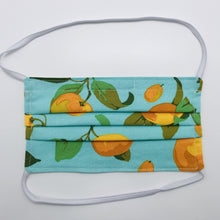 Load image into Gallery viewer, Made with three layers of peaches on blue/green print 100% quilting cotton, this mask includes a filter pocket located in the pleats in the back of the mask for a filter of your choice, elastic head bands and a bendable aluminum nose. Machine wash and dry after each use. 7” H x 7.5” W
