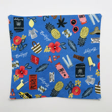 Load image into Gallery viewer, Travel themed images on blue background cotton print.