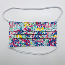 Load image into Gallery viewer, Masks are made of 2 layers of spring flowers print 100% quilting cotton and have behind the head elastic bands. The masks also have a bendable aluminum nose. Wash in washing machine and dry in dryer after each use. 7” H x 7.5” W