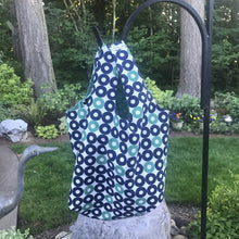 Load image into Gallery viewer, The tote is made of 100% quilting-weight blue, green and white record shapes print cotton and is fully lined. Machine washable and dryable or hang dry. Size: 17” x 21”. Fabric from Rotary Club collection by Cotton + Steel