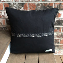 Load image into Gallery viewer, Scrappy Halloween pillow cover, 100% cotton in orange, black and gold prints. The pillow is quilted with a meandering design by machine with 40 wt Aurifil thread and has a hidden zipper in the back made of black Kona Cotton. The pillow cover only is offered and does not include the pillow form insert. The pillow insert needed is 18 x 18 inches. Machine wash with like colors in cold water with low suds soap such as Woolite, line dry.