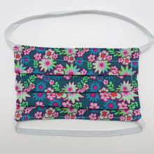 Load image into Gallery viewer, Kids mask have two layers of 100% quilting cotton, over the head elastic head loops and a bendable aluminum nose piece. Wash and dry in dryer after each use. 5.5”H x 5.5”W Ages 2-8, not recommended for children under the age of 2. Featuring a blue and pink flowers on charcoal grey background print.