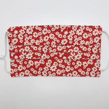 Load image into Gallery viewer, Masks are made of 2 layers of 100% quilting-weight cotton fabric with a 30's retro simple daisy's on red print. . The elastic adjustable ear loops tightened with a craft bead to make them comfortable to fit a wider range of sizes. The masks also have a bendable aluminum nose piece which helps to make a better seal over the wearers face. Machine wash and dry after each use. 7” H x 7.5” W