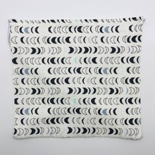 Load image into Gallery viewer, Image of black, white and blue half moons in on a white background cotton print. Made by Art Gallery Fabrics know for lightweight soft and smooth cotton.