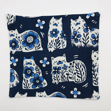 Load image into Gallery viewer, White cat designs on navy background cotton print image.