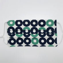 Load image into Gallery viewer, Made with three layers of 100% blue, green and white record shapes print cotton fabric, filter pocket located in the pleats in the back of the mask, adjustable elastic ear loops and a bendable aluminum nose piece. 7” H x 7.5” W