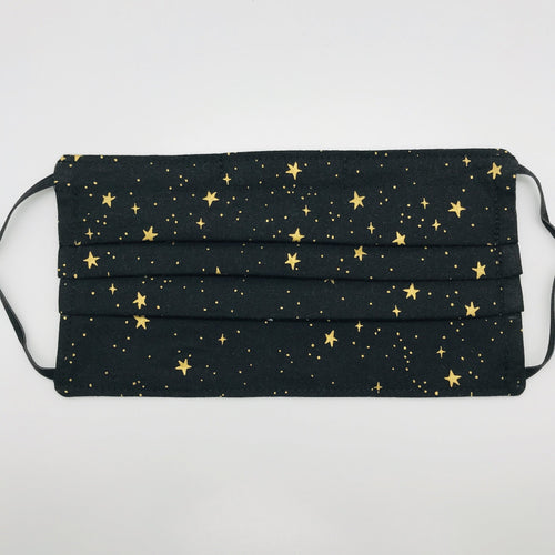 Made with three layers of 100% quilting-weigh cotton Rifle Paper Co Metallic Stars printed fabric and includes a filter pocket located in the pleats in the back of the mask for a filter of your choice. This face mask has adjustable elastic ear loops and a bendable aluminum nose piece. Machine wash and dry after each use. 7” H x 7.5” W