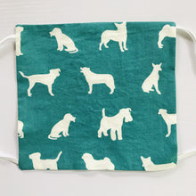 Load image into Gallery viewer, 100%  quilting-weight green with white dogs themed cotton face mask with elastic bands and bendable nose piece. Washable, reusable fabric face mask. Wash in washing machine and dry in dryer after each use. 7” H x 7.5” W
