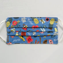 Load image into Gallery viewer, This mask is crafted with two layers of 100% quilting-weight cotton fabric with a blue travel theme and is machine washable and dryable. The adjustable ear loops are made of elastic and tightened with a  bead to make them comfortable to fit a wider range of sizes. The masks also have a bendable aluminum nose piece.  7” H x 7.5” W
