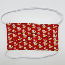 Load image into Gallery viewer, Masks are made of 2 layers of 100% quilting-weight cotton with a vintage picnic flowers on red print  and have behind the head elastic bands. The masks also have a bendable aluminum nose piece which helps to make a better seal over the wearers face. Wash in washing machine and dry in dryer after each use. 7” H x 7.5” W
