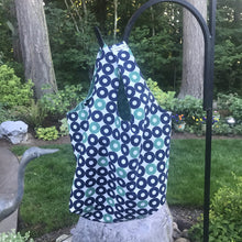 Load image into Gallery viewer, The tote is made of 100% quilting-weight blue, green and white record shapes print cotton and is fully lined. Machine washable and dryable or hang dry.  Size: 17” x 21”. Fabric from Rotary Club collection by Cotton + Steel

