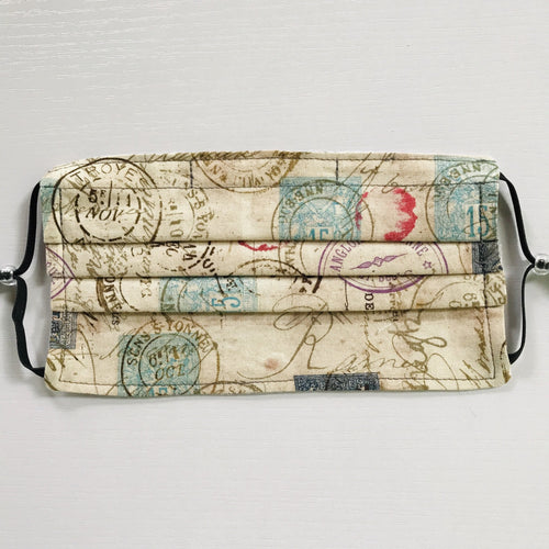 Masks are crafted with two layers of 100% quilting-weight cotton fabric and are machine washable and dryable.  The novelty print theme and tan and off white colors give the stamps an antique look. The adjustable ear loops are made of elastic and tightened with a  bead to make them comfortable to fit a wider range of sizes. The masks also have a bendable aluminum nose piece which helps to make a better seal over the wearers face.    7” H x 7.5” W
