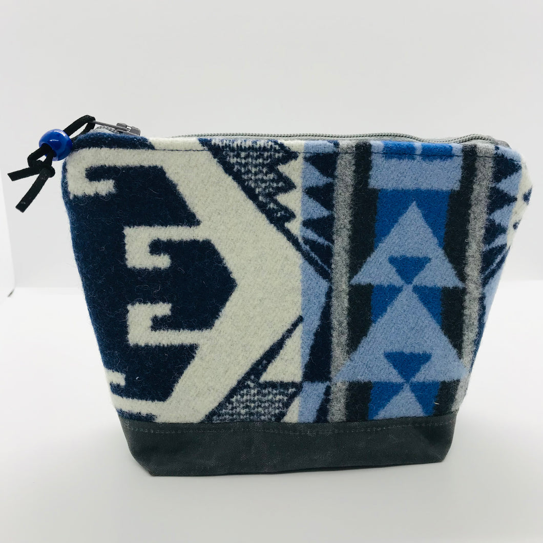 Blue and White Wool Zipper Pouch