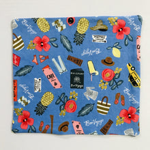 Load image into Gallery viewer, This mask is crafted with two layers of 100% quilting-weight cotton fabric with a blue travel theme and is machine washable and dryable. The adjustable ear loops are made of elastic and tightened with a  bead to make them comfortable to fit a wider range of sizes. The masks also have a bendable aluminum nose piece which helps to make a better seal over the wearers face.  Fabric from the Les Fleurs collection by Rifle Paper co, designed by Ann Rifle Bond.  7” H x 7.5” W
