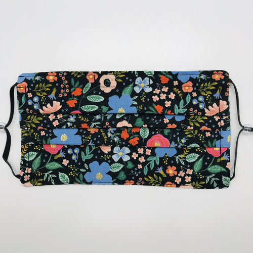 Masks are made of 2 layers of 100% quilting-weight cotton fabric. The elastic adjustable ear loops tightened with a craft bead to make them comfortable to fit a wider range of sizes. The masks also have a bendable aluminum nose piece which helps to make a better seal over the wearers face. Machine wash and dry after each use.     7” H x 7.5” W