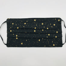Load image into Gallery viewer, Masks are made of 2 layers of 100% quilting cotton featuring Rifle Paper Co Metallic Gold Stars on Black print. The elastic adjustable ear loops fit a wider range of size and also have a bendable aluminum nose. Machine wash and dry after each use. 7” H x 7.5” W
