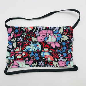 Kids mask have two layers of 100% quilting cotton, over the head elastic head loops and a bendable aluminum nose piece. Wash and dry in dryer after each use. 5.5”H x 5.5”W Ages 2-8, not recommended for children under the age of 2. Featuring a burgundy, blue and white flowers on black print.