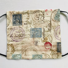Load image into Gallery viewer, 100% quilting-weight 100% cotton face mask with elastic bands and bendable nose piece. The novelty, tan print give the mask an antique feel. Wash in washing machine and dry in dryer after each use.  Collection: Correspondence - Stamps and Postmarks Fabric, Eclectic Elements by Tim Holtz  7” H x 7.5” W
