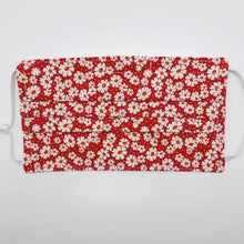Load image into Gallery viewer, Masks are made of 2 layers of 100% quilting-weight cotton fabric with a 30&#39;s retro simple daisy&#39;s on red print. . The elastic adjustable ear loops tightened with a craft bead to make them comfortable to fit a wider range of sizes. The masks also have a bendable aluminum nose piece which helps to make a better seal over the wearers face. Machine wash and dry after each use.     7” H x 7.5” W
