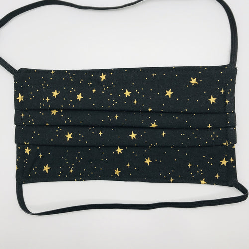 Masks are made of 2 layers 100% quilting cotton featuring a metallic gold stars on black print, over the head elastic loops and a bendable aluminum nose. Wash in washing machine and dry in dryer after each use. 7” H x 7.5” W.  Rifle Paper Co designs.