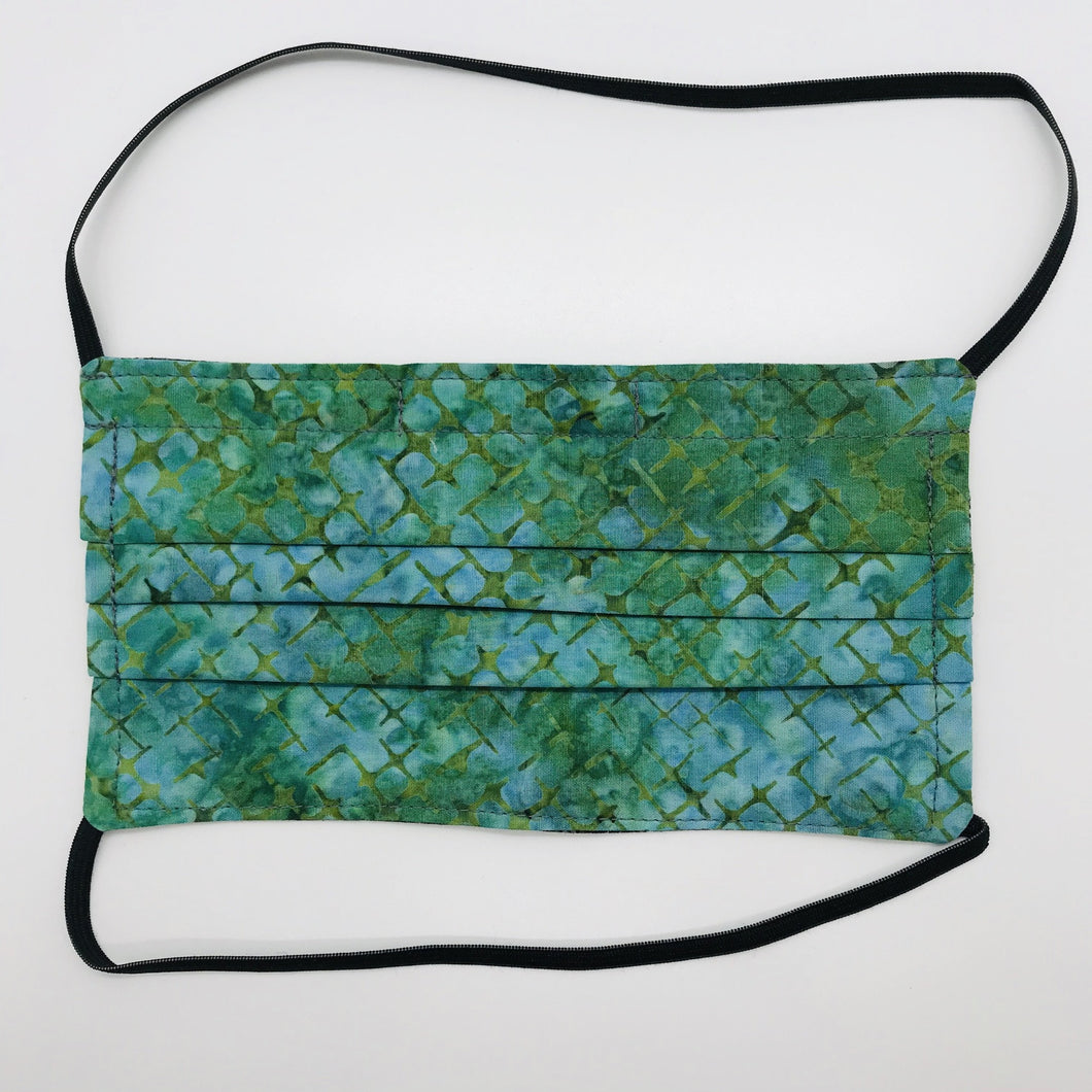 Green/Blue Batik Fabric Face Mask with Elastic Head Loops