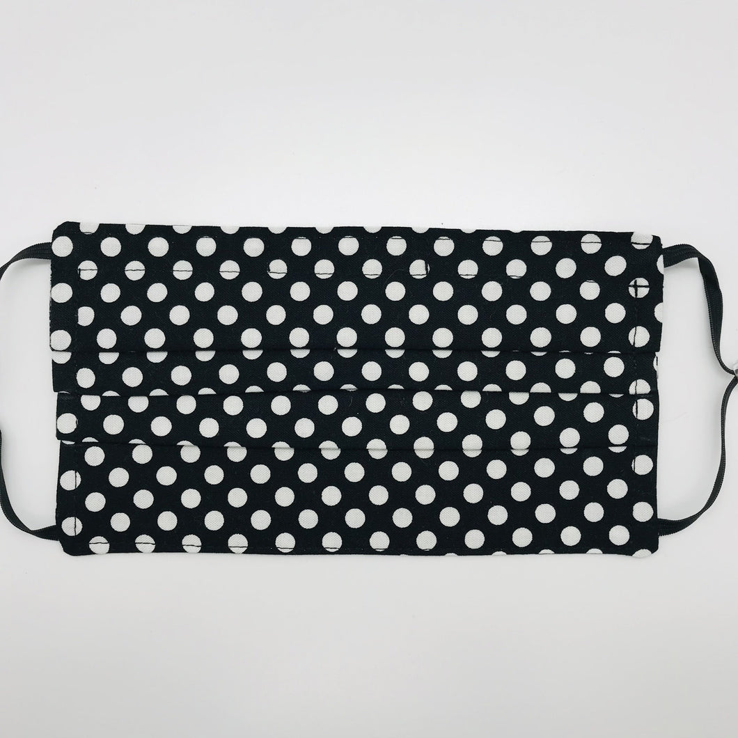 White Polka Dots on Black Face Mask with Adjustable Elastic Ear Loops