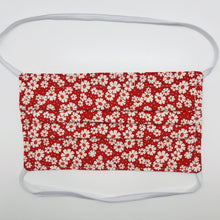 Load image into Gallery viewer, Masks are made of 2 layers of 100% quilting-weight cotton with a 30&#39;s retro simple daisy red fabric print  and have behind the head elastic bands. The masks also have a bendable aluminum nose piece which helps to make a better seal over the wearers face. Wash in washing machine and dry in dryer after each use. 7” H x 7.5” W
