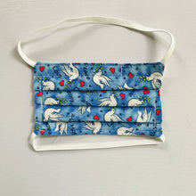 Load image into Gallery viewer, 100% quilting-weight cotton blue with white doves print kids fabric face mask with elastic bands. Washable, reusable fabric face mask. Wash in washing machine and dry in dryer after each use. 5.5”W x 5.5” H  Ages 2-8, not recommended for children under the age of 2.
