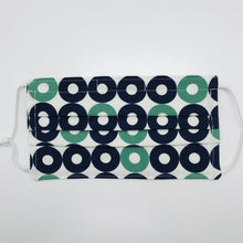 Load image into Gallery viewer, Made with three layers of 100% blue, green and white record shapes print cotton fabric, filter pocket located in the pleats in the back of the mask, adjustable elastic ear loops and a bendable aluminum nose piece. 7” H x 7.5” W
